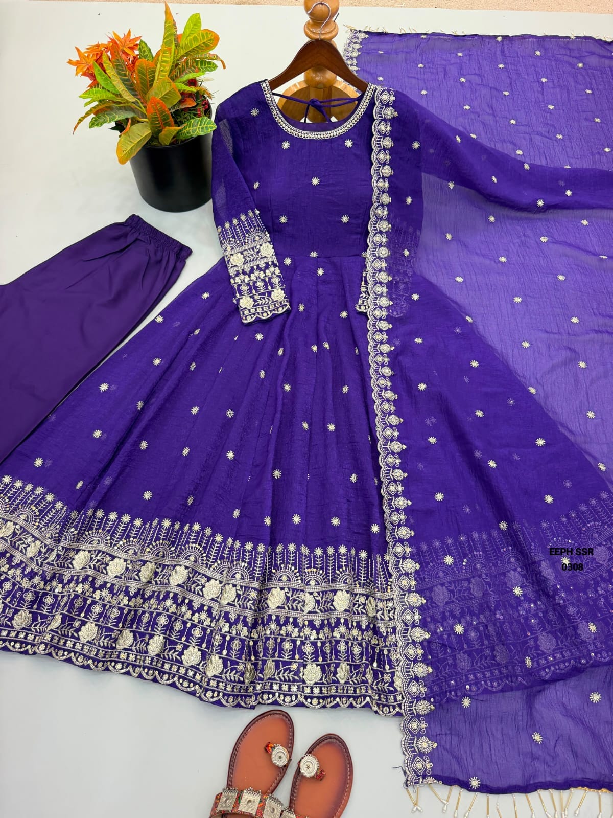 Crunchy Silk Embroidered Sequence Work Anarkali Salwar Set
